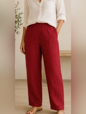 Eileen Fisher Women’s S Red Irish Linen Pull-On Pants Elastic Waist Made in USA